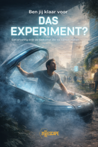 Visual met tekst “Ben jij klaar voor DAS Experiment?” in futuristische stadsscene