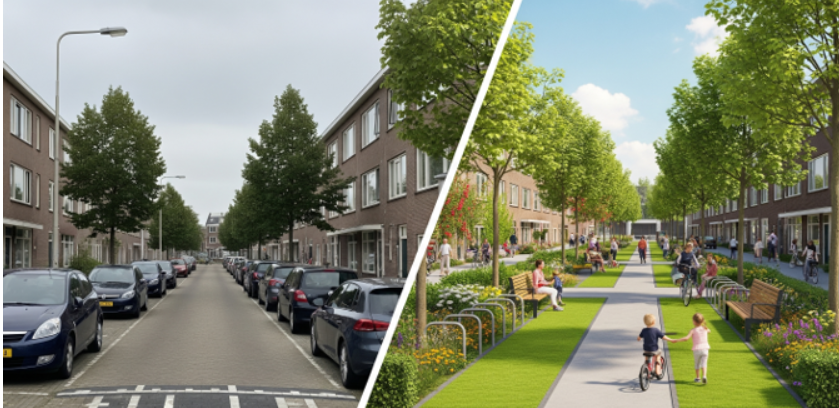Vergelijking van straat voor en na herinrichting met auto’s aan de ene kant en groen ingerichte straat met fietsers en voetgangers aan de andere kant